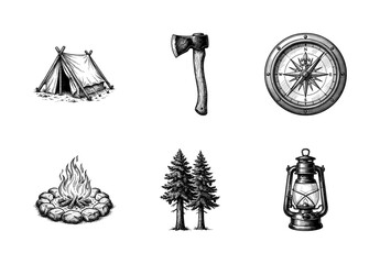 Obraz premium Vintage woodcut style camping equipment set featuring a tent, hatchet, compass, campfire, pine trees, and lantern on a white background.