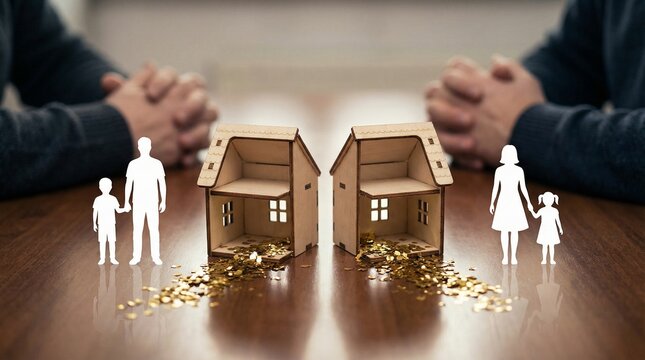 A couple discussing property division during divorce with paper cutouts of homes and families