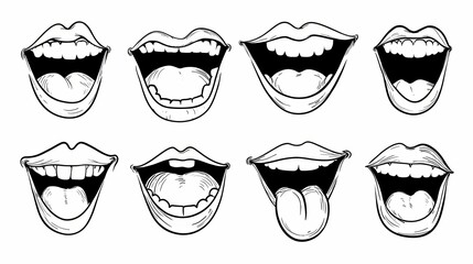Set of Eight Diverse Mouth Expressions in Black and White Sketch Style.