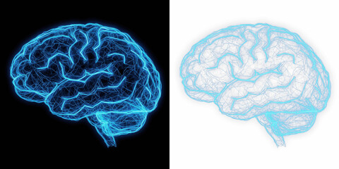 Abstract AI Human Brain Neural Network Visualization with Glowing Blue Neon Lines, Artificial Intelligence Neural Connectivity Structure, Digital Mind Mesh, Machine Learning Brain Interface Concept Is © Leafa