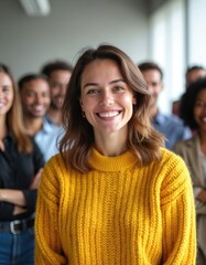 Fototapeta premium Smiling woman in yellow sweater leads diverse group of people. Team stands behind her, representing unity and collaboration. They look happy and confident in modern office setting.