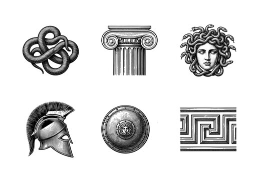 Set of black and white ancient Greek mythology illustrations featuring Medusa, a Corinthian helmet, ionic column, and classic ornamental patterns in a vintage engraving style.