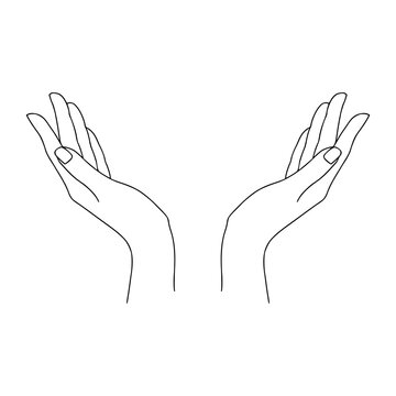 Minimalist open cupped hands line art. Holding or receiving gesture vector illustration. Healing and care concept drawing. Elegant female hands open outline on white background.