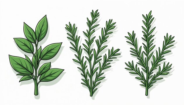 Three sprigs of fresh herbs sage, rosemary, and thyme. Green plants visual art isolated on white background. For cooking, medicine or decoration.