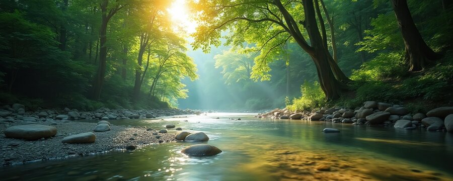 Sunlight streams through rich green forest canopy onto calm river with smooth stones. Trees line bank creating peaceful woodland scene. Water flows gently over rocky riverbed in natural light.