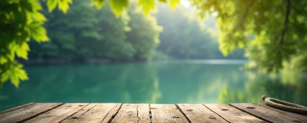 Naklejka premium Wooden table surface with rope detail sits by calm blue lake water. Green trees create rich forest backdrop. Sunlight filters through leaves on bright day.