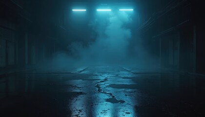 Fototapeta premium Dark wet street with neon blue light reflections. Fog or smog drifts through an empty industrial zone. Concrete floor shows puddles and cracks. Minimalist, moody urban background.