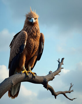 Philippine eagle sits on dead tree branch. Bird looks forward with sharp yellow eyes and prominent crest. Majestic raptor waits patiently in natural habitat with blue sky background.