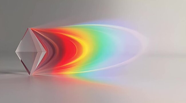 Crystal prism refracting light creating a colorful rainbow spectrum on a neutral background