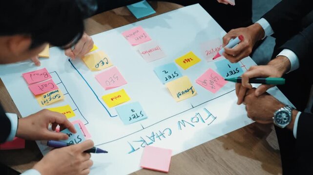 Top view of business people hands making scrum task board to manage workflow in workplace. Diverse marketing team drawing a line and use colorful stick notes to work on kanban. Close up. Directorate.