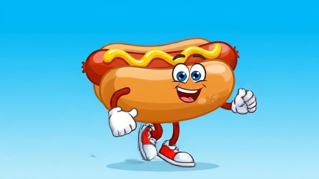 Happy cartoon hot dog character running on blue background