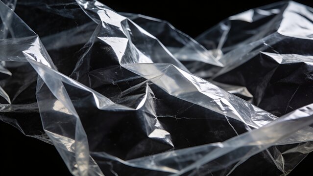 Close-up of crumpled clear plastic film texture on a black background, showcasing shiny transparent polyethylene material with abstract folds and creases for packaging or recycling concepts