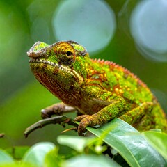 Fototapeta premium Vibrant Chameleon Perched on Lush Green Leaves in Natural Habitat.