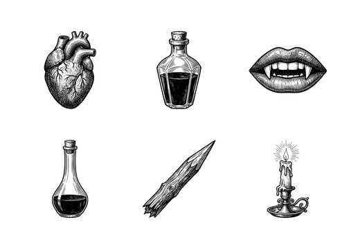 Vintage gothic engraving style illustrations featuring vampire fangs, human heart, magic potions, wooden stake, and burning candle.