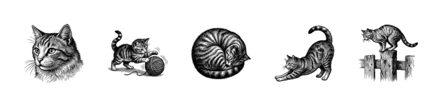 Set of vintage feline sketches featuring a cat head, playing kitten, sleeping pet, stretching tabby, and cat on a fence in woodcut engraving style