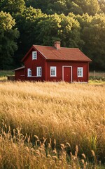 Obraz premium Red cottage nestled in golden field surrounded by lush green trees.