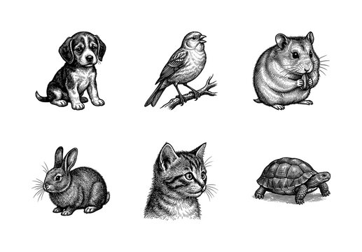 Vintage style hand drawn engraving of common domestic pets including a puppy, kitten, bird, hamster, rabbit, and tortoise