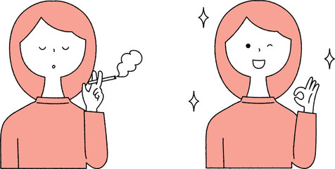 タバコを吸う女性と禁煙後の女性単色