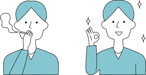 タバコを吸う男性と禁煙後の男性単色