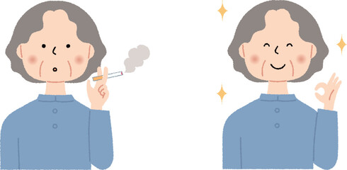 タバコを吸うシニア女性と禁煙後のシニア女性