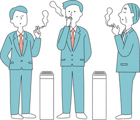 喫煙所でタバコを吸う男性会社員たち単色