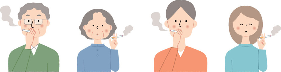 喫煙するシニアと若者の男女4人セット