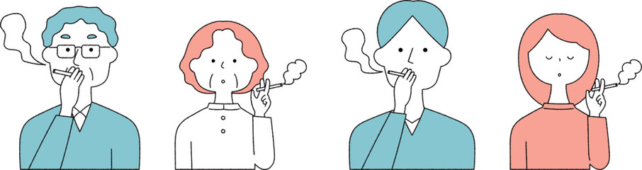 喫煙するシニアと若者の男女4人セット単色