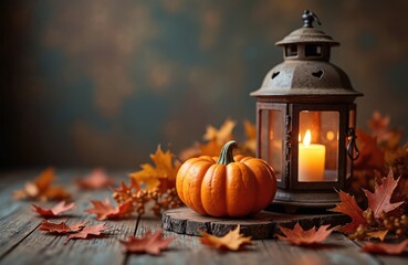 Naklejka premium Pumpkin and lit lantern with fall leaves on rustic wood table. Warm glowing light creates cozy autumn mood for Thanksgiving or Halloween decor.