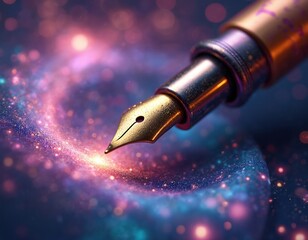 Fototapeta premium Gold fountain pen creates swirling galaxy effect with bright lights and glitter particles in space setting. Illustration shows cosmic creativity inspiration and writing.