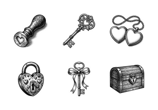 Vintage woodcut style romantic collection featuring heart wax seal stamp skeleton keys locket padlock and wooden chest