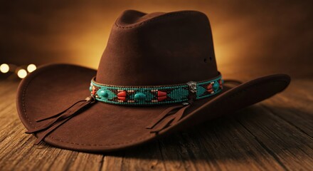 Naklejka premium Rustic Cowboy Hat on Wooden Table: A vintage brown cowboy hat, adorned with a decorative turquoise band and chin strap, rests elegantly on a weathered wooden table.