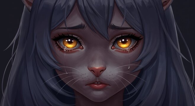 Tearful Feline Portrait: A close-up illustration of a mournful feline figure with luminous golden eyes, tears streaming down its face, encapsulating themes of sadness and sorrow.