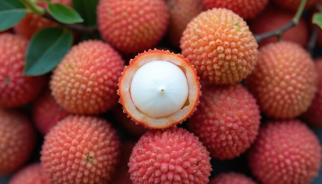 Pile of red lychee fruits with one cut open showing white juicy flesh. Whole and peeled lychees arranged together, fresh tropical produce. Close up macro detail of sweet asian fruit skin texture.