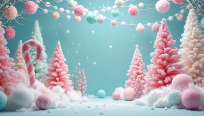 Fototapeta premium Pastel winter wonderland scene with pink candy canes and snow covered mini trees. Soft pompom garlands hang above, creating a dreamy holiday mood. Sweet pastel decor adds a festive touch for winter.