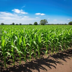 Vibrant Cornfield Under Blue Sky: A panoramic view of a lush cornfield thriving beneath a brilliant, cloud-dotted sky, showcasing the beauty of agriculture and the promise of a bountiful harvest.