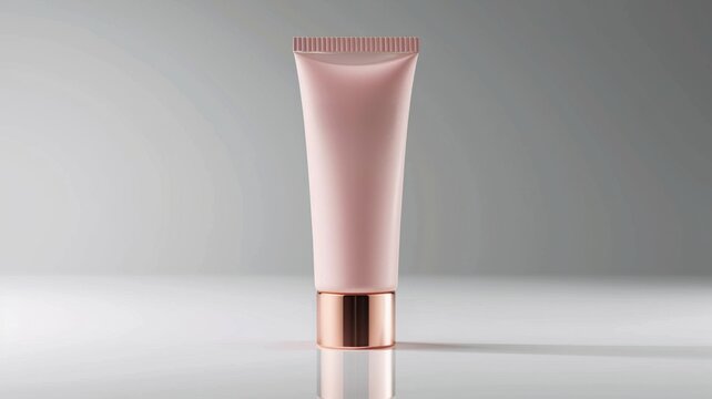 Minimal product shot of a light pink cosmetic tube with a copper cap, against a soft grey gradient background