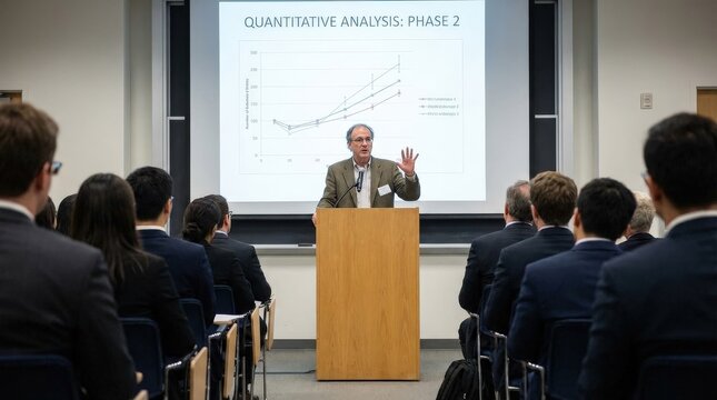 Businessman presenting to audience in conference room.