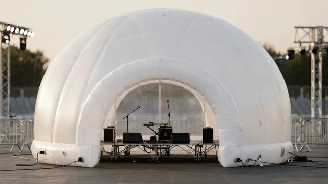 Inflatable acoustic shell structure in focus with soft background blur emphasizing quick setup and innovative airsupported sound amplification for temporary venues.