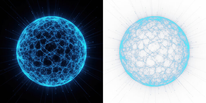 Abstract AI Halo Sphere with Blue Radiating Mesh, Digital Intelligence Energy Field, Neural Network Core Visualization, Artificial Intelligence Data Structure, Futuristic Cyber Technology Concept Isol
