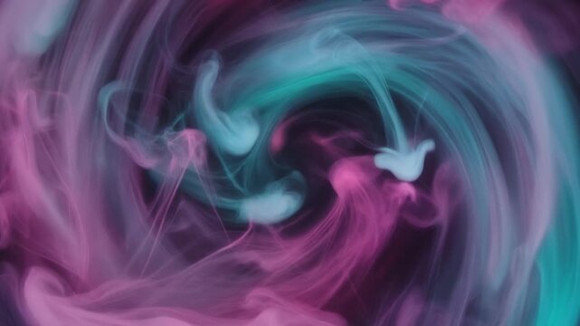 Abstract quantum ink mist swirling into a vibrant spiral, with glowing pink and cyan fluid smoke waves forming a dynamic vortex