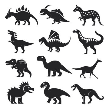 Collection of nine different dinosaur species in silhouette style
