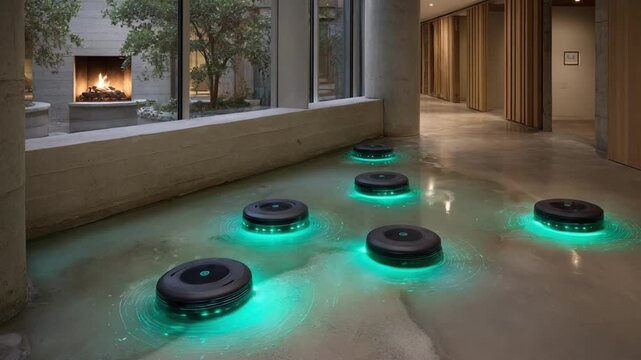 Medium shot of smart floor sensors in a corporate office lobby measuring cleanliness levels and wear for proactive facility management.