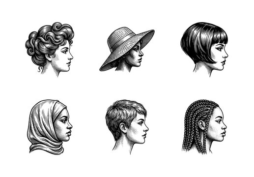 Collection of female profile portraits in diverse hairstyles and headwear featuring detailed vintage woodcut engraving style