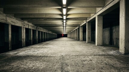 Gloomy Empty Concrete Tunnel Interior with Dim Lighting and Vanishing Point Perspective
