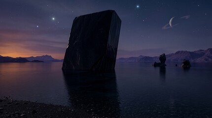 Mysterious Monolith on Alien Planet, Starry Night Sky and Ringed Planet in Serene Water Landscape