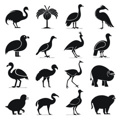 Black silhouette variations of birds and one tree icon © Xihan