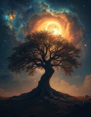 Fototapeta premium Silhouette of a large old tree with sprawling roots against a cosmic sky. A bright moon or sun glows in swirling clouds and distant stars. Nighttime galaxy nebula with celestial bodies.