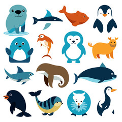 Collection of stylized sea animals in flat design style © Xihan