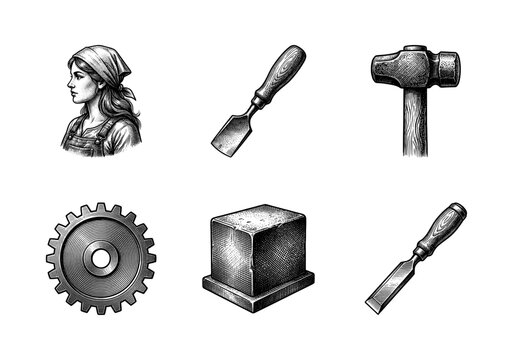 Vintage engraving style collection of industrial and craft icons featuring a female worker, wood chisels, mallet, gear, and stone block.