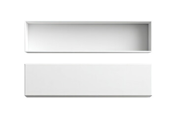 Two-piece, rectangular, white box; top removed and placed below, showing empty interior